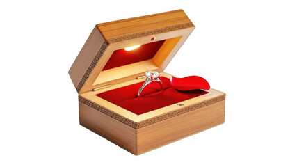 Diamond ring in an open wooden jewelry box with red velvet interior isolated on transparent background