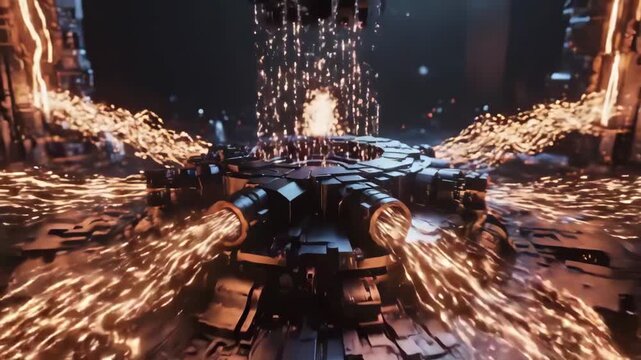 Bitcoin Mining Rig in Action with Sparking Circuits and Technology Advancements in a Futuristic Industrial Environment