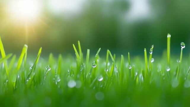 Green blades of grass with dew drops: Close-up of lush green grass glistening with morning dew drops, capturing the essence of freshness and tranquility.