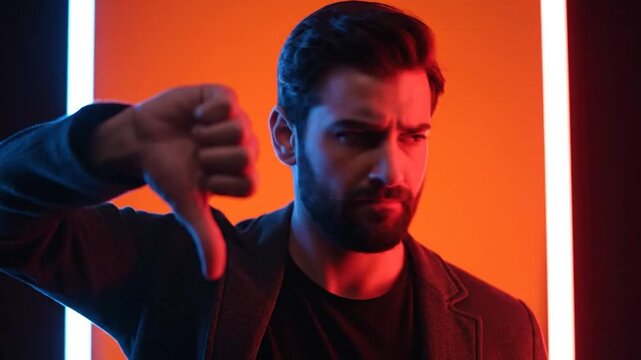 Man gives thumbs down against glowing orange & blue background
