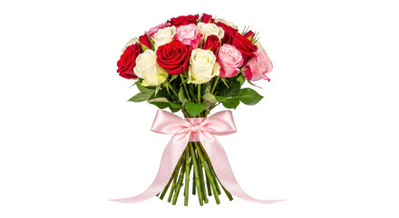 Beautiful bouquet of mixed roses with pink ribbon isolated on transparent background