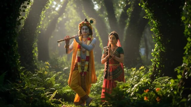 Lord Krishna Playing Flute in Enchanting Forest with Devotee.