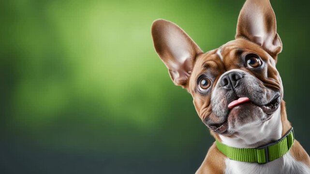 Playful Pup Portrait: A charming dog, head tilted inquisitively, wears a green collar against a vibrant green backdrop, exuding a cheerful, loving, and innocent charm.