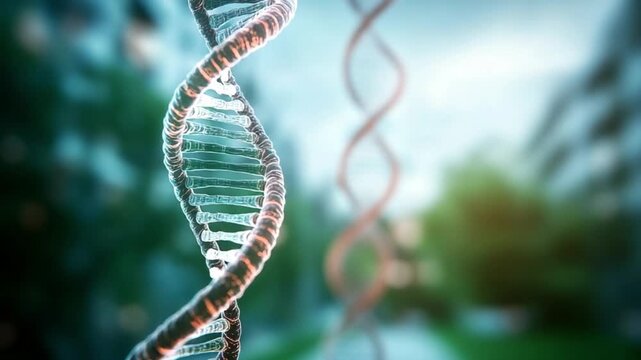 DNA Strand: An illustration of a DNA strand gracefully winding against the backdrop of an out-of-focus natural environment. It's a visual celebration of life's fundamental blueprint.