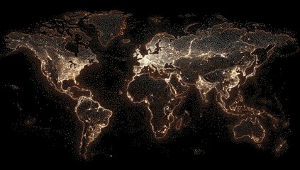 Obraz premium World map illuminated with glowing city lights and coastlines on a dark black background