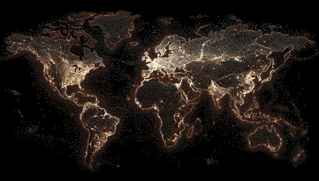 World map illuminated with glowing city lights and coastlines on a dark black background