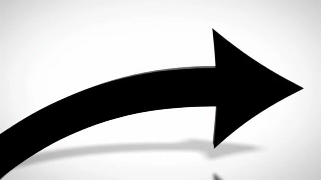 A thick, smooth black arrow animates, curving gracefully upwards on a vast, infinite pure white canvas with ample copy space. Concept of minimalism and innovation