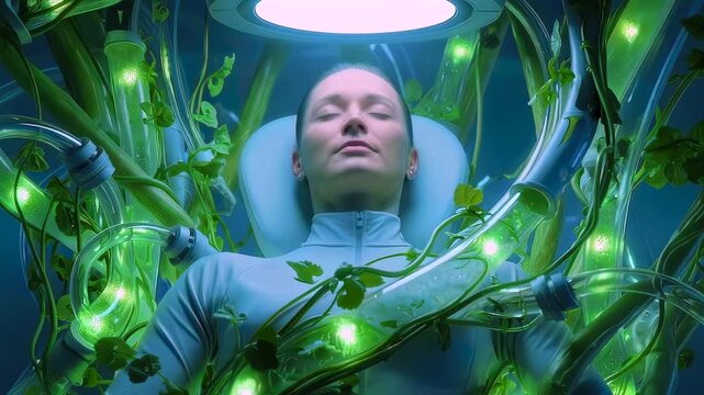 woman reclined in pod surrounded by glowing vines, medical probes and green luminescent nodes laboratory chamber blends plant growth with neural interface, calm revival atmosphere, gentle