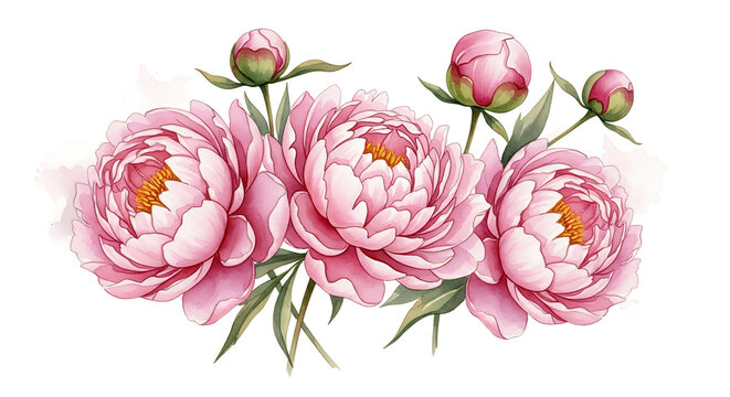 Beautiful pink peonies in full bloom with buds, a serene floral arrangement