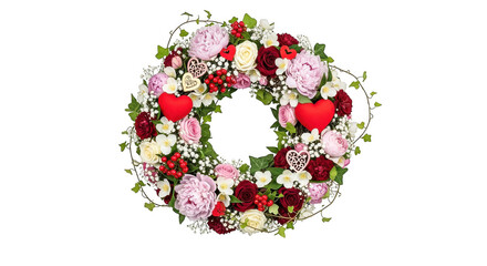 Beautiful floral wreath with pink and red flowers and hearts isolated on transparent background
