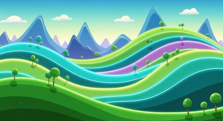 Obraz premium Colorful Cartoon Landscape with Rolling Hills and Mountains.