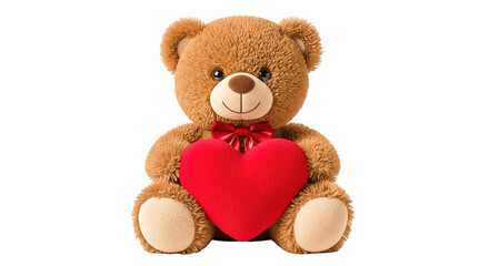 Cuddly brown teddy bear holding a red heart shaped pillow isolated on transparent background