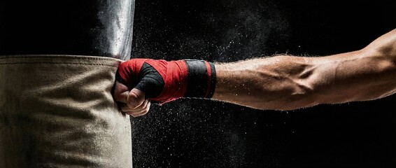 Intense punch impact against punching bag with red hand wraps in dark environment