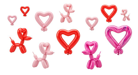 Collection of red and pink heart shaped balloons isolated on transparent background