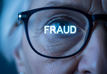 Close-up of an elderly eye reflected with the word fraud in glasses, highlighting financial scams targeting seniors, identity theft risks, cyber fraud awareness, digital safety