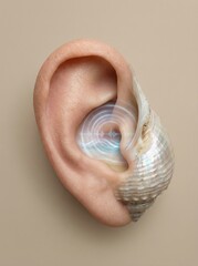 Human ear merged with seashell highlighting sound vibration waves on beige background