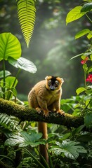 Fototapeta premium Golden Brown Lemur Perched on Mossy Branch in Lush Jungle.