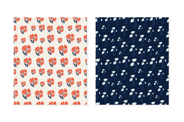 Set of two floral seamless patterns with red and white poppy flowers on contrasting backgrounds
