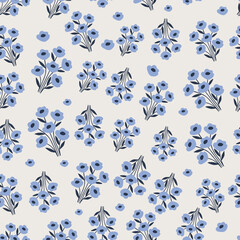 Hand drawn blue floral seamless pattern with small flower bouquets on light background