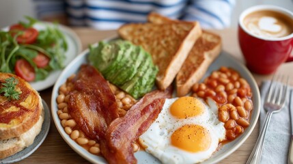 Savory breakfast spread featuring golden fried eggs, crispy bacon, baked beans, and buttery toast alongside fresh greens and tomatoes. Enjoyed in a warm and welcoming cafe