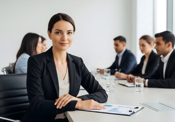 Confident businesswoman sitting at a conference table with colleagues in the background, representing leadership, professionalism, teamwork, corporate strategy, decision making, career growth