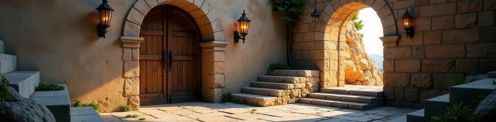 Fototapeta premium Ancient castle's weathered wooden doors, white staircase, torchlight , dark, night, illuminated
