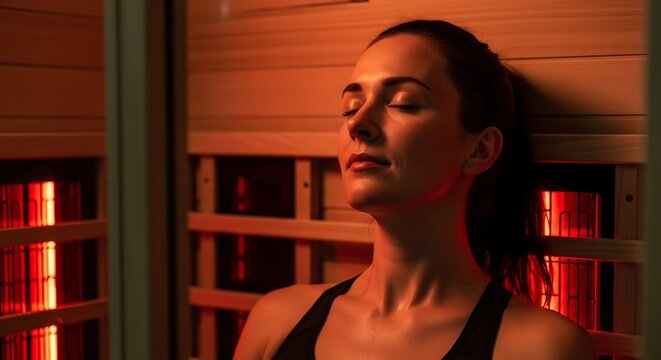 A serene woman with her eyes closed, relaxing inside a warm infrared sauna with glowing red heaters, enjoying a moment of peace and wellness.
