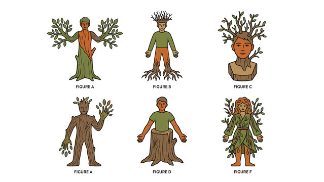 Stylized Human-Tree Hybrid Figures: Nature & Mythology Illustrations Set