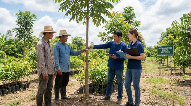 Agricultural scientists discuss and inspect a young tree in a lush plantation, demonstrating sustainable forestry and biotechnology practices.