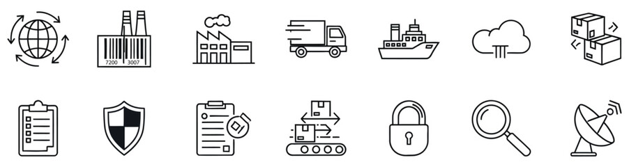 Set of icons representing global logistics and supply chain operations transport