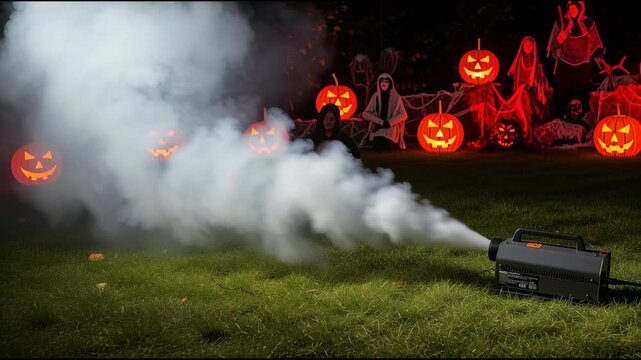 Halloween atmosphere with glowing pumpkins and fog machine