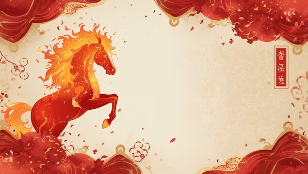 Fire Horse Shio Chinese New Year Illustration with Copy Space
