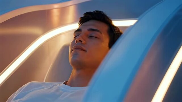 young man reclining inside futuristic scanner pod soft blue led lighting, peaceful expression, clinical spa interior, noninvasive wellness treatment, biofeedback monitoring, slow cinematic