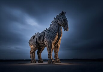 Dark cinematic view of a massive Trojan horse statue under stormy skies, symbolizing deception, hidden threats, strategic traps, betrayal, warfare tactics, manipulation, and unseen danger in history 