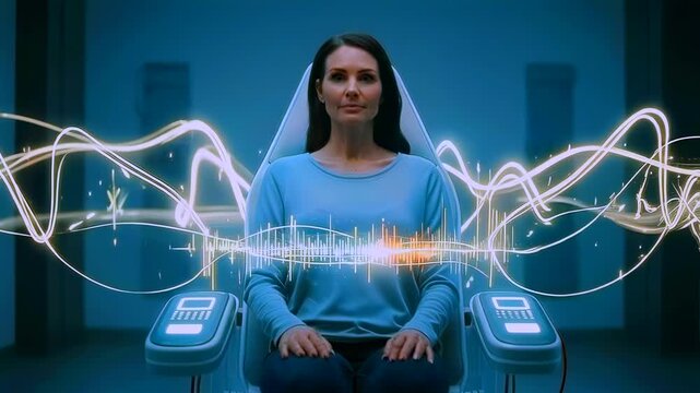 woman seated in chair with waveform visualization crossing chest, electrodes attached to wrists, clinical lab lighting, realtime eeg signal moving through space, serene focus, biofeedback