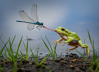 Green Frog Catches Dragonfly with Long Tongue Near Water and Grass