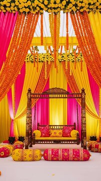 Traditional Indian Wedding Decoration with Vibrant Pink and Yellow Drapes, Marigold Flower Garlands, and an Ornate Wooden Swing for Haldi or Mehendi Ceremony