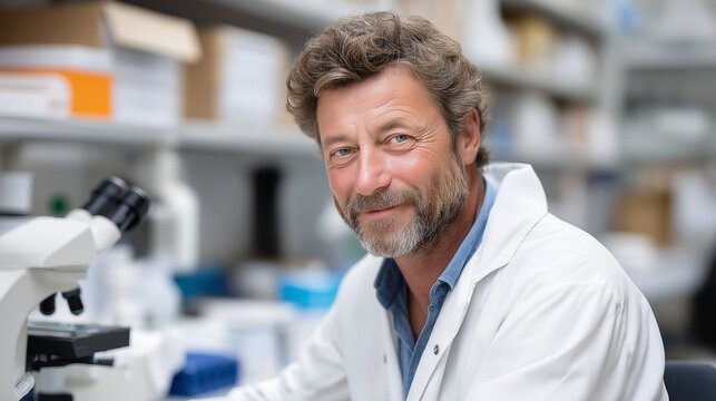 A man dressed in a white lab coat closely inspects samples using a microscope