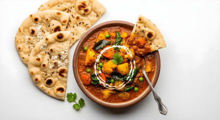 Authentic Veg Curry and Flatbread Meal on White Background