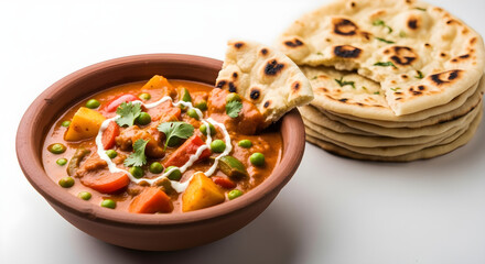 Traditional South Asian Vegetable Curry Served with Chapati Isolated
