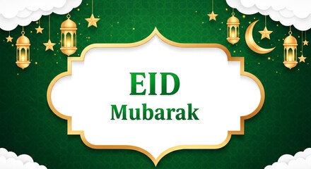 An ornate green and gold frame holds the text Eid Mubarak surrounded by hanging lanterns, stars, and clouds.