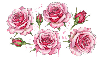 A beautiful bouquet of pink roses with delicate petals and green stems, viewed from directly above in a serene environment