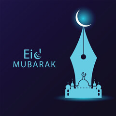 Stylized fountain pen nib incorporates a glowing crescent moon and miniature mosque structure celebrating Eid Mubarak text.