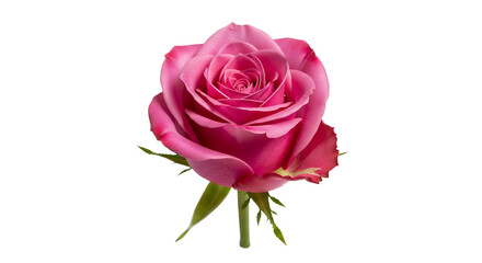 A vibrant pink rose with delicate petals and green leaves, captured in a close-up view