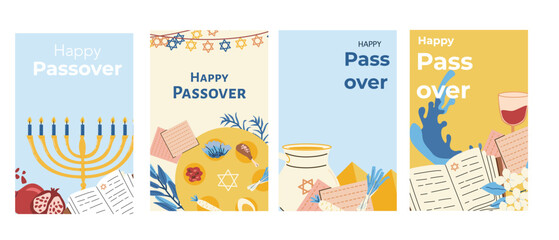 Fototapeta premium Happy Passover cards set in minimalist cartoon flat style. Jewish holiday poster set of Exodus of Egypt. Matzah, seder plate with food, waves and other elements.