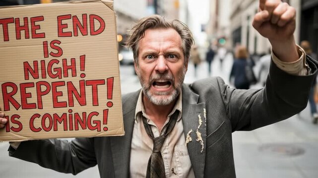 Angry middle aged Caucasian man in a suit holding a cardboard sign that says THE END IS NIGH! REPENT! IS COMING! on a busy city street
