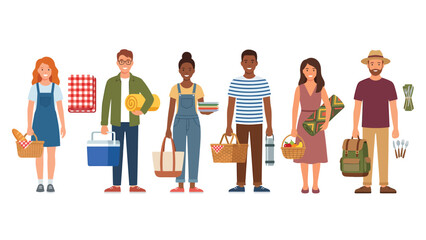 Obraz premium Diverse Group of Friends with Picnic Essentials. Flat Vector Illustration of People Holding Baskets, Coolers, and Blankets for Outdoor Gathering