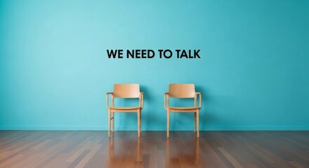 Empty Chairs Difficult Conversation on Bright Turquoise Background.
