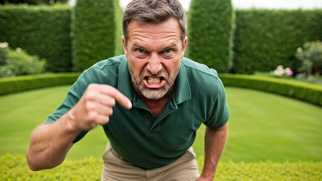 Angry middle-aged Caucasian man in a green polo shirt shouting and pointing at the ground in a manicured garden, aggressive neighbor protecting his lawn.
