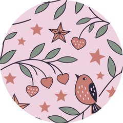 Cute Bird with Hearts and Stars Pattern on Pink Background